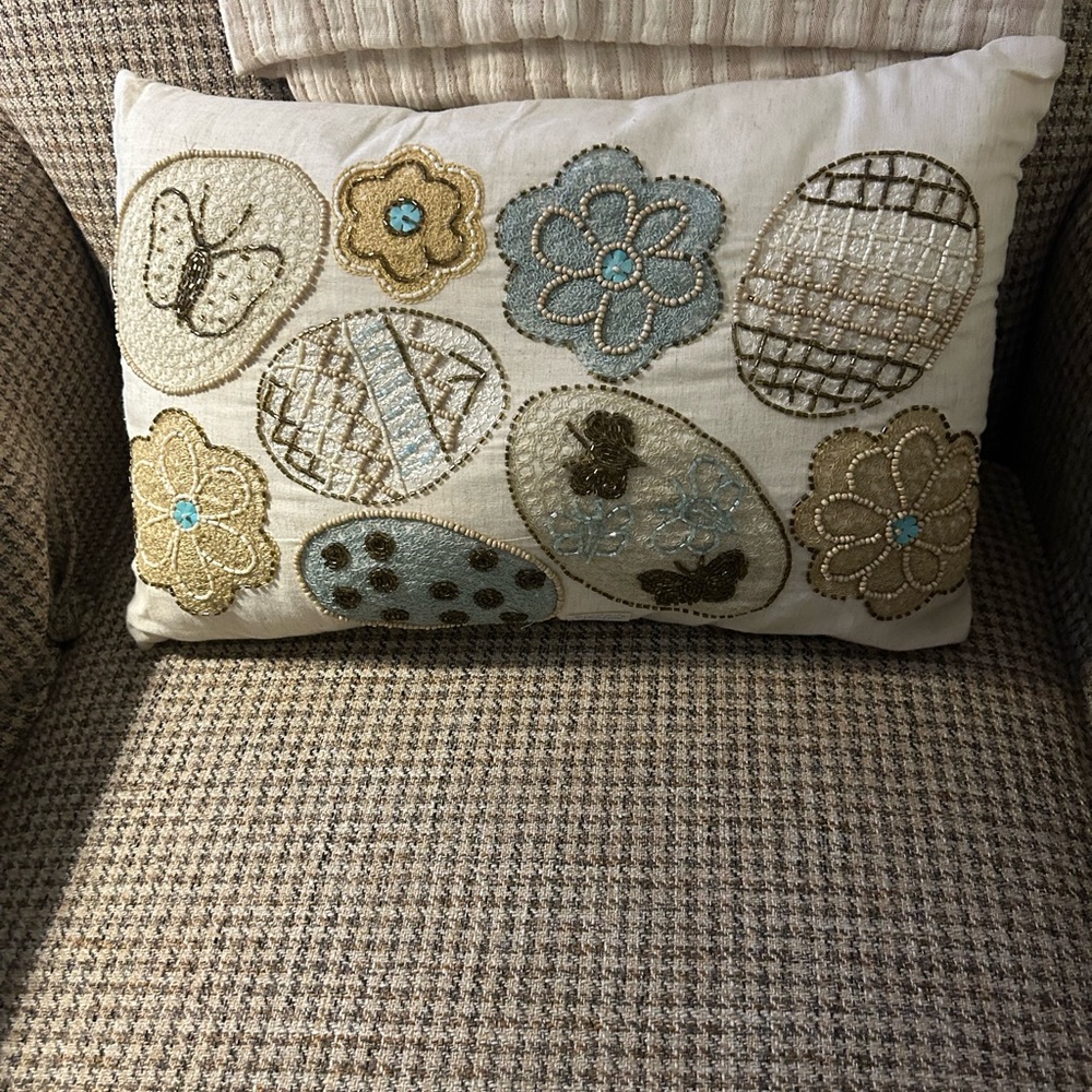 Embroidered Floral Accent Pillow - Cream and Blue